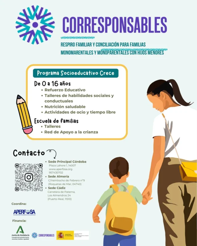 En marcha con el PLAN CORRESPONSABLES!!!
Ya trabajando desde nuestra asociación APERFOSA Y PROGRAMA CRECE el respiro familiar y conciliación para familias monomarentales y monoparentales con hijos menores.
ABIERTO PLAZO DE INSCRIPCIONES. #corresponsables #infancia #conciliacion familiar #respiro familiar